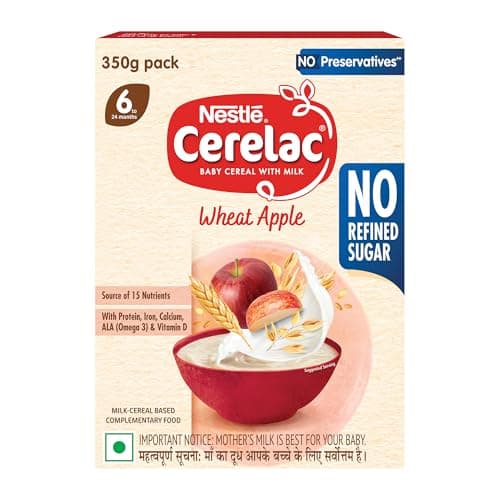 CERELAC Baby Food Cereal | No Refined Sugar | No Preservatives | Wheat Apple for 6 to 24 Months Baby | With Omega 3 Iron Protein Calcium Vitamin D | Instant Cereal | 350g (Weight may vary upwards)