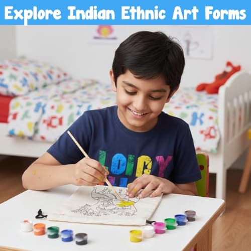 Asian Hobby Crafts Ethnic Art & Craft Painting Kit On Fabric | Learn 3 Traditional Indian Art Forms – Madhubani, Gond & Pichwai Printed | Creative Educational DIY Craft Set for Boys & Girls | Cultural 3