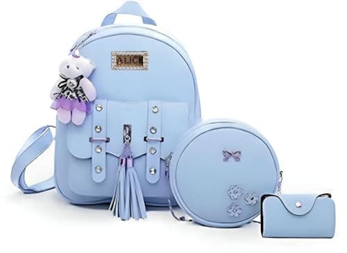 floki Fashion Girls 3-PCS Fashion Cute Mini Leather Backpack sling & pouch set for Women/gift for girl (sky blue)