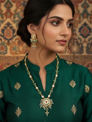 BEVOGUE Traditional Green & White Stone Necklace Set for Women | Gold Plated Brass Jewellery Set with Earrings | Latest Trendy Ethnic Jewellery | Wedding & Festive Gift | Ideal Gift Choice (NK4890) 2