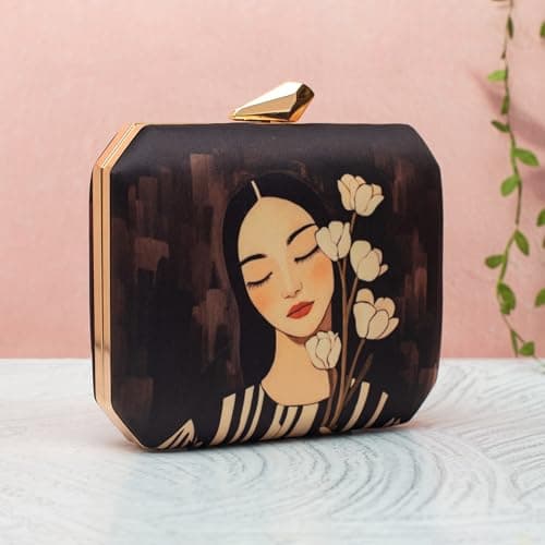 Artklim Girl With Flowers Printed Clutch Bag for Women – Designer Evening Handbag with Detachable Chain for Party, Wedding & Special Occasions 4