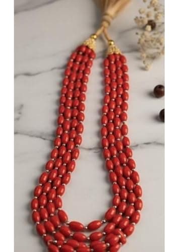 dirix Antique Natural Coral Pink Beads 5 Layer 24 Inch Necklace for Women & Girls | Alloy Layered Statement Jewellery (Red) 4