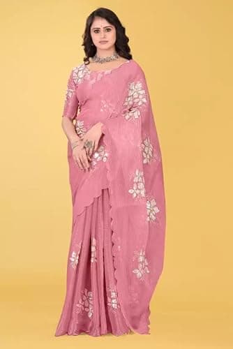Women's Elegant Saree with Floral Embroidery, Traditional Indian Ethnic Wear For women (pink) 3