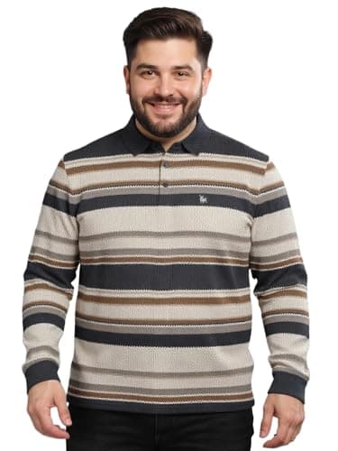 BULLMER Striped Textured Printed Polo Neck Fullsleeve Plus Size Tshirt with Rib for Men | Men’s Polo Tshirts in Plus Sizes only_Beige_XXXXX-Large