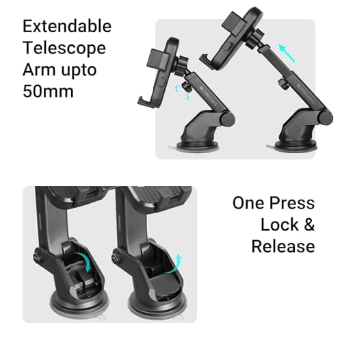 ZEBRONICS CMH110|Car Mobile Smartphones Holder (Up to 6.8")|360° Rotatable|One-Press Lock & Release|Extendable Telescopic Arm|Strong Suction Cup for Windshield & Dashboard|Anti-Skid Silicone Pads 4