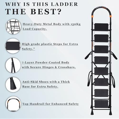 Parasnath 8 Step GoUp Steel Ladder Black Colour Foldable Step Ladder - Light Weight Step Ladder Anti Skid Plastic Steps - 6 Year Manufacturer Warranty - Made in India 2