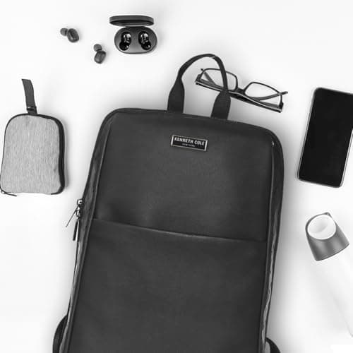 KENNETH COLE Unisex Professional Laptop Backpack | Premium Vegan Leather | Padded Laptop Sleeve, Trolley Strap, Multi-Pocket Organizer Bag for Travel & Office | Black 5
