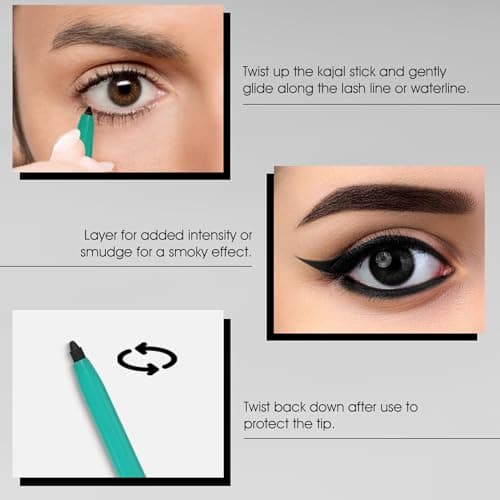 Colors Queen Bold Eyes Auto Kohl Kajal – Black, 0.35g | 36 Hours Long Lasting with Smooth One Swipe Application | Transfer-Proof | 2X Blacker | Smudge Proof & Waterproof Kajal for Women Enriched with  4