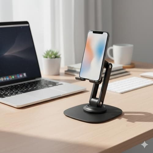 Adjustable Mobile Stand for Desk | Foldable Phone Holder with 360° Rotation | Multi-Angle Viewing, Anti-Slip Base | Portable Stand for All Smartphones (Black) | Mobile Stand for Online Class 5