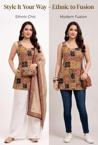 The Xoxo Women's Sleeveless Short Kurti Top, Multicolour Ethnic Print, Backless Dori Design, Indo Western Fusion Wear (in, Alpha, S, Regular, Cream) 4