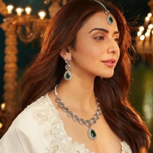 ACCESSHER Women's & Girls Silver-Tone Elegant Green Teardrop Pendant Necklace Set Latest Stylish Spiral Design Jewellery Set with Earrings Fancy Accessories For Wedding 2