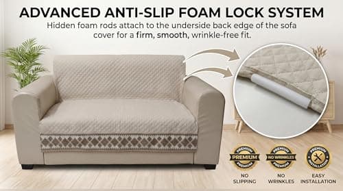 KINGLY Sofa Cover 5 Seater Set 3+1+1 Fully Covered - Royal Ivory Damask Quilted Traditional Couch Cover with PVC Pipe Anti Skid 4
