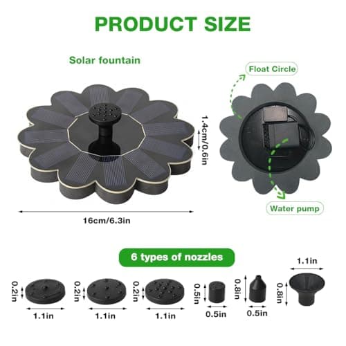 Verilux® Solar Fountain for Garden, Flower Shape-No Battery, with 6 Nozzles, Solar Fountain Pump for Home Bird Bath, Outdoor, Pool, Garden, Pond & Flower Pot-Black 1.4W 2