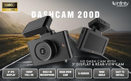 Infinity By Harman Dashcam 200D Dual HD Car Camera | 1080p Full HD Video & 3" IPS Display | Includes Rear-View Cam,| Built-in Microphone| Loop Recording, Supports SD Card (Black) 4
