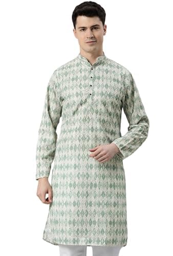 Majestic Man Men Cotton Blend Ethnic Motifs Embroidered Chikankari Regular Kurta (Green, Small)