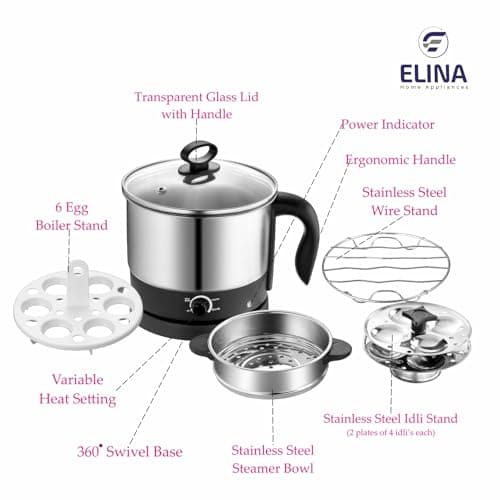 Elina Breakfast Combo EHA-CBFK1, Electric Multi Kettle 1.25L, Sandwich Griller, Wireless Electric Chopper 5