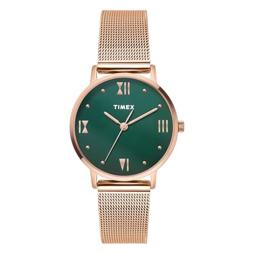 TIMEX Analog Watch for Women with Green Round Dial & Rose Gold Stainless Steel Bracelet Band Water Resistant Women's Wrist Watches - TWEL15625