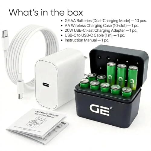 GE® AA Rechargeable Batteries, 1.5V Lithium, 2500mWh (10-Pack) + Wireless Fast Charger Kit — 30-Min Rapid Charge, 1500+ Cycles, 10-Years Life, 3-Year Warranty | OEM 2026 2