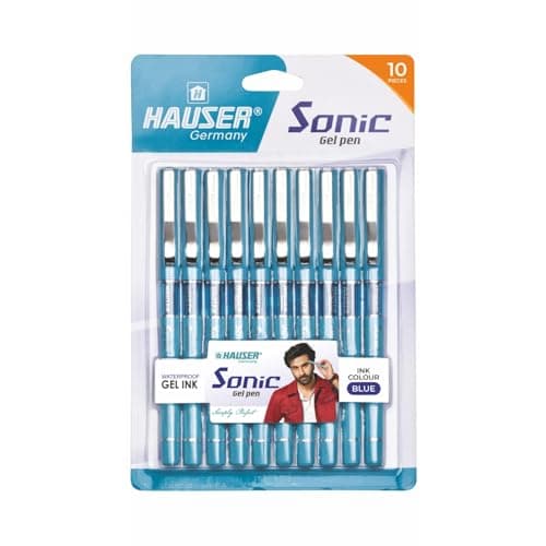 Hauser Sonic 0.55mm Gel Pen Blister Pack | Attractive Foiled Body | Stylish Metal Clip | Refillable & Waterproof Gel Ink | German Technology For Smooth & Effortless Writing | Blue Ink, Set of 10 Pens