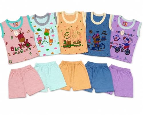 ROMYCRON Baby Boys Cotton Top Bottom Combo Pack of 5 | Sleeveless T-Shirt & Shorts Clothing Set | Soft Breathable Summer Wear | Multicolor Kids Outfit for Daily Wear (0-2 Years) (12-18 Month)