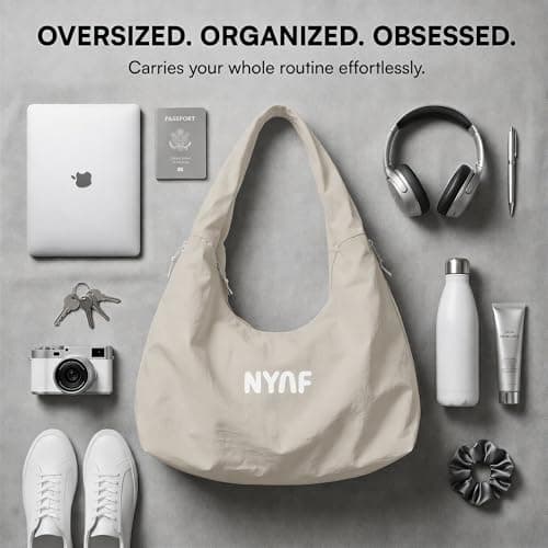 NYAF Multipurpose Travel & Gym Tote Bag for Women & Men | Large Polyester Shoulder Duffel for Pilates, Yoga, Pickleball, Sports, Office & Daily Use | Multi Pocket Zipper Bag (BEIGE) 5