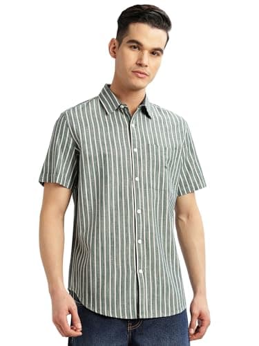 Thomas Scott Men | Slim Fit | Cotton Linen | Vertical Stripes | Casual Shirt with Spread Collar & Short Sleeves (TS1786_Midblue_M) Mid Blue