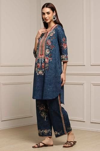 Biba Women Blue Cotton Straight Printed Kurta Pants Set_34 5