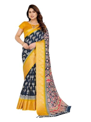 RAJESHWAR FASHION WITH RF Women's Traditional Silk Saree with Floral Print, Navy Blue and Yellow, Contrast Border with Tassels