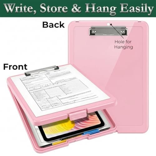Yajnas A4 Size Clipboard with Storage Box | 180° Foldable Exam Pad & Writing Board | Heavy Duty Plastic File Folder with Pen Holder & Paper Storage for Students, Office & Field Use (Baby Pink) 4