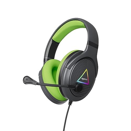 amazon basics 7.1 USB Gaming Wired Over Ear Headphones with Mic | Virtual Surround Sound | 50mm Driver | RGB LEDs (Black - Green)