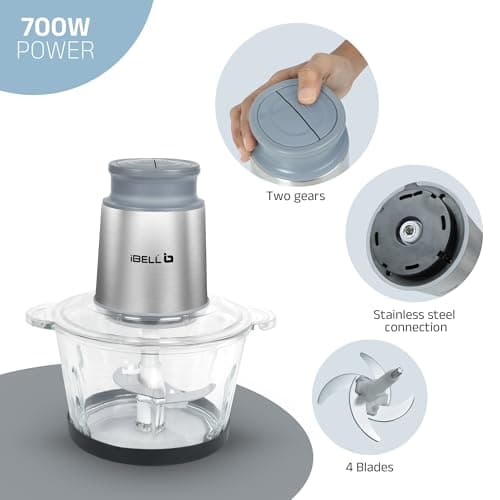 IBELL MT200GM Electric Chopper, 2-Yr Warranty, 2 Litre Glass Bowl, 700W, Multi Purpose for Cutting Slicing Meat, Vegetables, Nuts & Fruits (Silver) 3