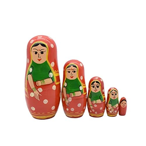 Funwood Games Multicolor Wooden Indian Lady in a Saree Traditional Nesting Doll Set for Girls (5 Dolls) 3