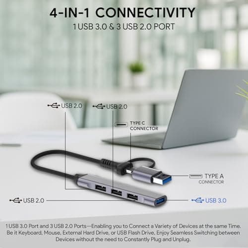 Amkette Type C Hub, Type-A+C to 4 Port With 5 Gbps Superspeed Data Transmission,1*USB 3.0 Ports,3*USB 2.0 Port,Sleek Metal Design usb c hub For Laptop, Macbook, chromebook,Tablets & Smartphones (Grey) 2