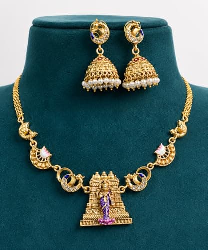Dvina Glow Gold Plated Meenakshi Amman Temple Jewellery Necklace Set for Women | South Indian Antique Traditional Necklace with Matching Jhumka Earrings | Ethnic Bridal Wedding Festive Jewellery 2