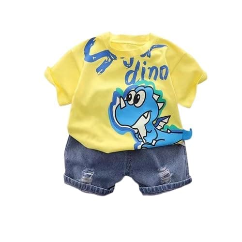 Shree Shyam Textile Cotton Kids Dress, Printed Half Sleeves T-Shirt with Denim Shorts Set (Yellow, 12-18 Months)