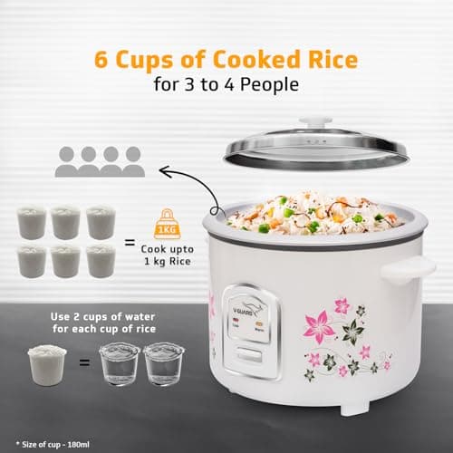 V-Guard VRC 1.8-Litre Electric Rice Cooker with 700 W Power, 2 Pots, Spatula, Rice Separator 5-Yr Heating Plate & 2-Yr Product Coverage Automatic Cooking with Double-Layered Body & Cool Touch Handles 5