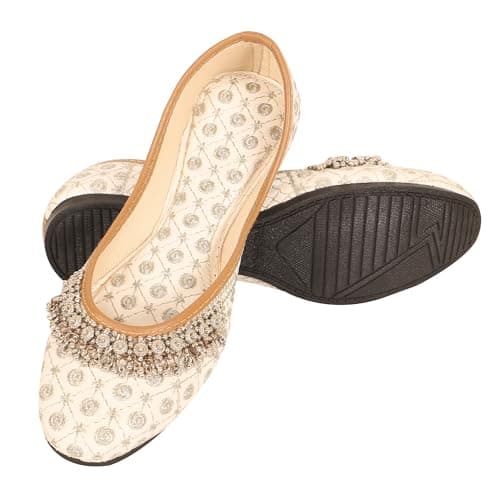 DFR Women Rajasthani Ethnic Embroidery with Payal Punjabi Mojari's Jutti’s, Color - Cream, UK Size - 9