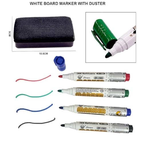 AccuPrints Whiteboard Markers | Set Of 4 Markers And 1 Duster | 4 Assorted Ink Colours | Bold Point Marker Pens With Easily Refillable And Erasable Ink (Big Duster Set) (A3P9) 2