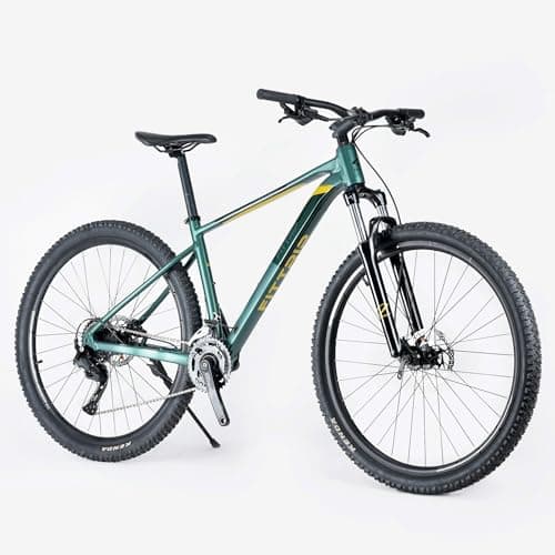 FitTrip Niner 29T Mountain Bicycle with Shimano CUES 2x9 Speed Drivetrain, Shimano MT201 Hydraulic Disc Brakes, SR Suntour XCM Suspension Fork with Lockout, Alloy Frame, Adult Bike (Green-Yellow)