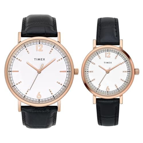 TIMEX Analog Watch for Couple with White Round Dial & Black Leather Strap Band Water Resistant Pair's Wrist Watches - TW00PR336
