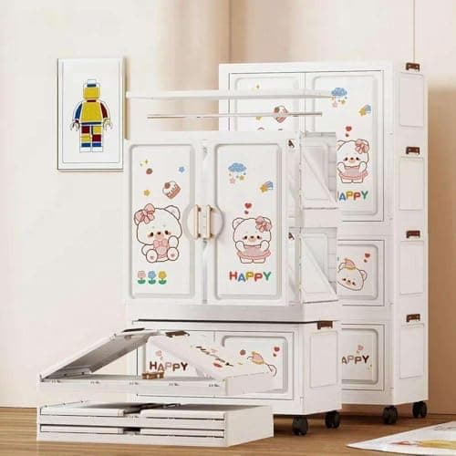 EXVITO Plastic Wardrobe for Cloth with Drawers & Hanging Rod | Baby Cupboard for Clothes Storage | Foldable Collapsible Plastic Almirah for Kids | Cartoon Design Cabinet for Bedroom - Butter Bear 5
