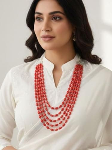 dirix Antique Natural Coral Pink Beads 5 Layer 24 Inch Necklace for Women & Girls | Alloy Layered Statement Jewellery (Red) 2