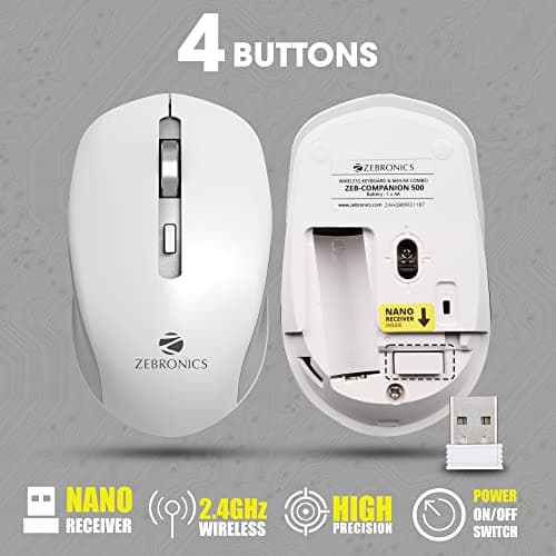 ZEBRONICS Zeb-Companion 500 2.4GHz Wireless Keyboard and Mouse Set, USB Nano Receiver, Chiclet Keys, Ultra Silent, Power On/Off Switch, Rupee Key, for PC/Mac/Laptop (White) 4
