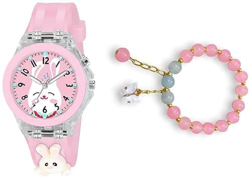 Acnos Analog Kids Multicolour Pink 2 Pieces Rebbit Premium Rubber Watch Gift Set for Watch Bracelet Gift for Daughter Gift for Birthday Luxury Gifting for Her Water Resistant