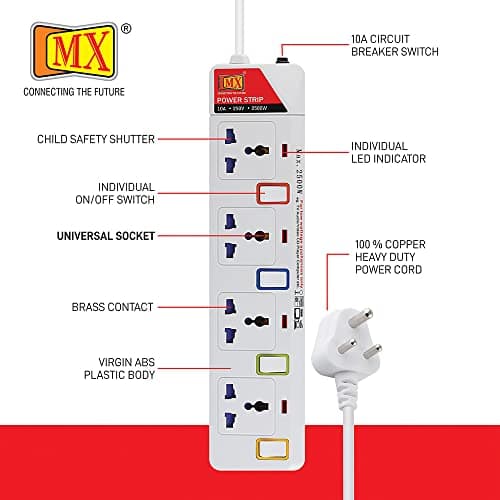 MX 4 Way Universal Power Strip with Individual Switch, 1.5 Meter Extension Board with Safety Shutter, Multi Plug Heavy Duty Extension Cord with Power Indicator for Home Office Computer Use 3