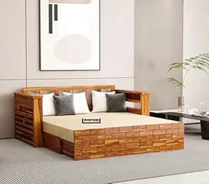 Solid Sheesham Wooden Sofa Cums Bed with Mattresses for Living Room|Rosewood 3-Person Sofa Cums Bed for Bedroom Without Pillow (I-Natural, 3 Seater)