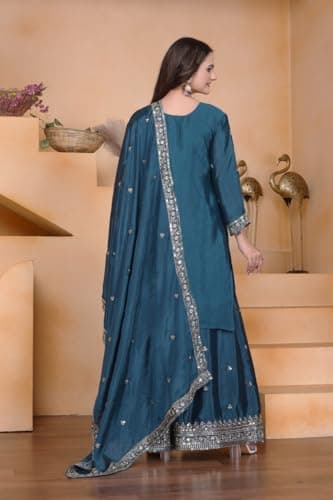 CLOSTYLE Women's Teal Blue Embroidered Sharara Suit Set with Dupatta, Traditional Indian Ethnic Wear, Party Wedding Dress (IN, Alpha, 2XL, Regular) 3
