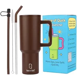 House of Quirk 1200ML Stainless Steel Tumbler with Handle & Lid, 2 Straws – Large Travel Mug Water Cup for Gym, Office & Outdoor Use (Chocolate)