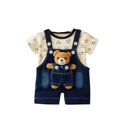 Nexora India Pvt Stylish Kids Denim Dungaree Dress with Alphabet Print T Shirt | Soft Cotton Blend Baby Outfit Cream-White 6-12 Months