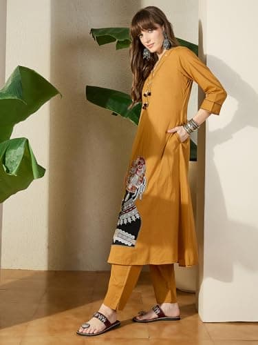 INDO ERA Women's Pure Cotton Quirky Embroidered A-Line Calf Length Kurta & Pant Set | Co Ord Set For Women Stylish 5